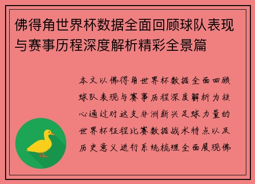 佛得角世界杯数据全面回顾球队表现与赛事历程深度解析精彩全景篇